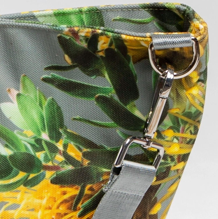 Close up of the canvas fabric and quality fittings on the Helena luxury lifestyle tote bag.