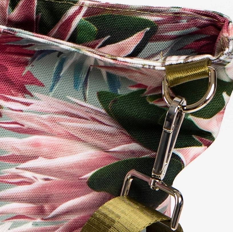 A close-up view of Bernadette, the large Protea canvas tote bag, showing the water-resistant canvas fabric and the quality fittings .