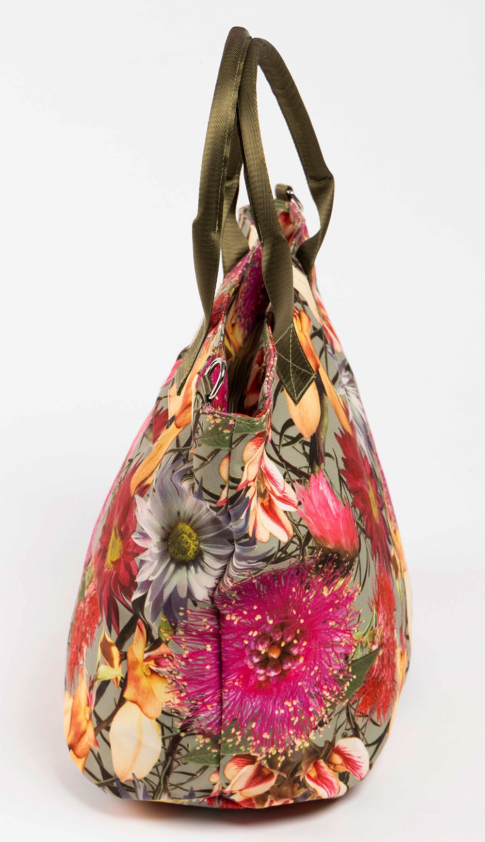 A large, bright floral canvas tote bag from Wild Things Lifestyle.