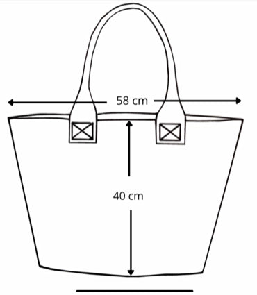A line drawing of a large canvas tote bag shows the measurements of the bag as 58cm across and 40cm high.
